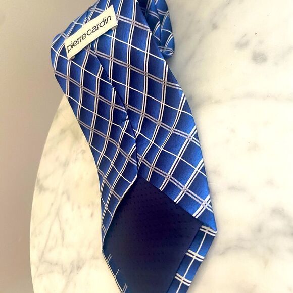 PIERRE CARDIN Multiple Blue Diaganol Striped Checkered 100% Silk Tie - Picture 5 of 11